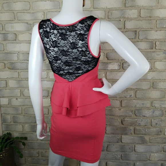 Peplum Dress Size M Black Lace Coral Peach - Picture 5 of 8